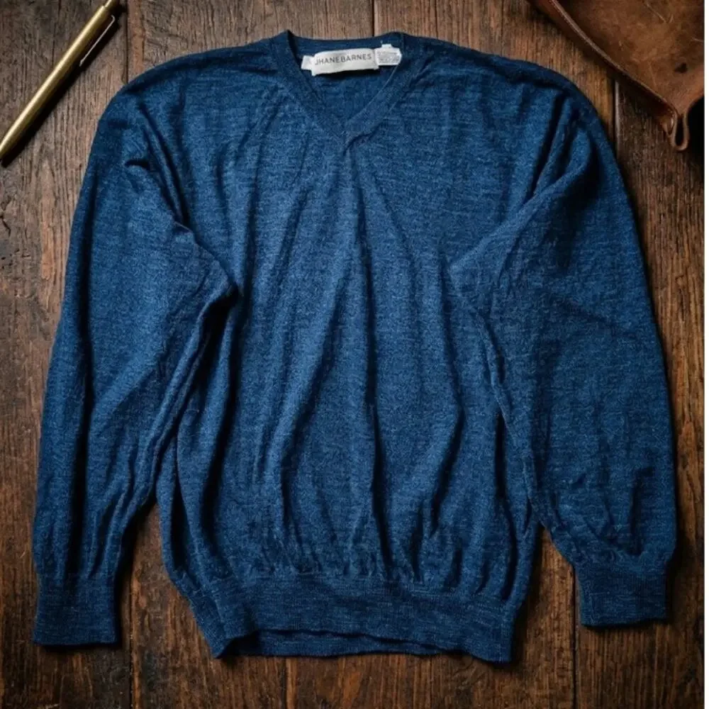 Vintage Jhane Barnes Mens XL V-Neck Sweater Navy Blue Heather 75% Wool Blend